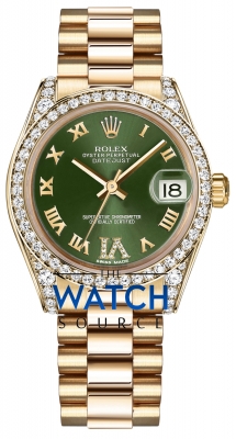 Buy this new Rolex Datejust 31mm Yellow Gold 178158 Olive Green VI Roman President ladies watch for the discount price of &pound;33,945.00. UK Retailer.
